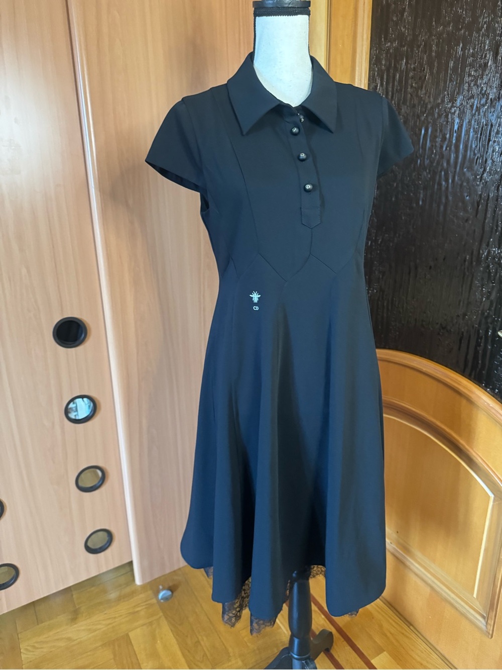 Dior Black Collared Midi Dress with Button Placket Sz 10